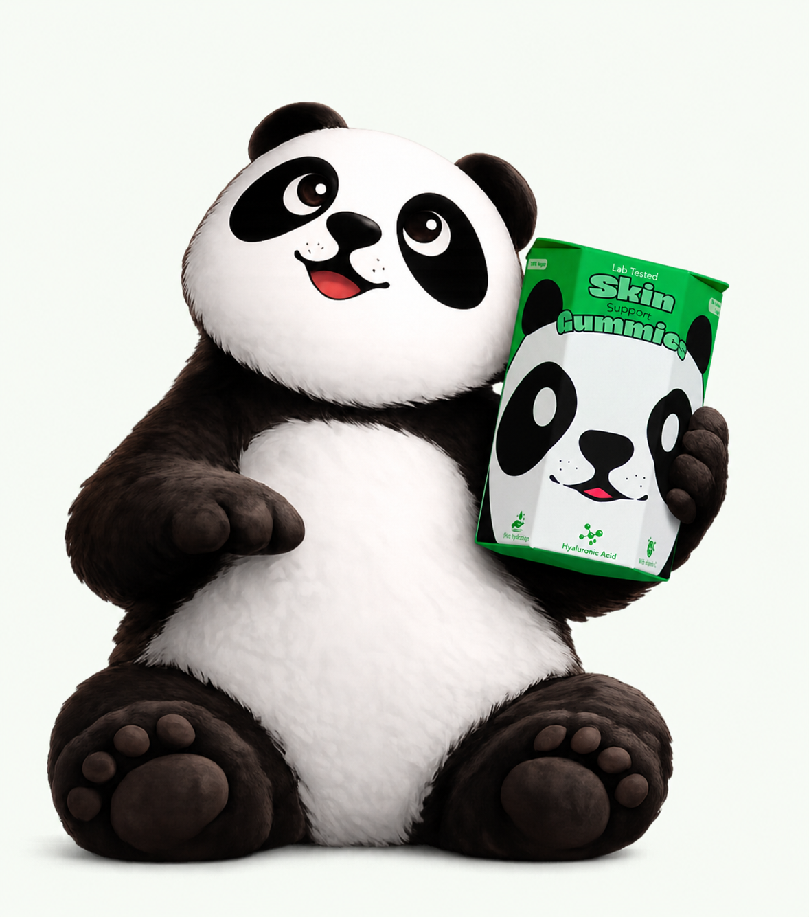 NutriPanda panda mascot holding a Skin Gummies pack
